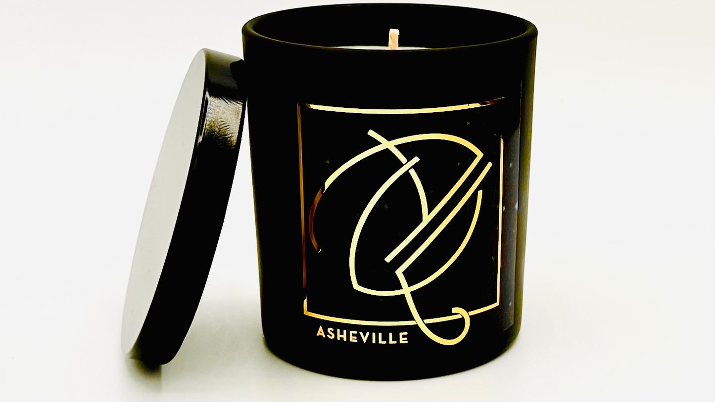 Black Candle Vessel - ASHEVILLE Candle - Gold Foil Print and Black Lid