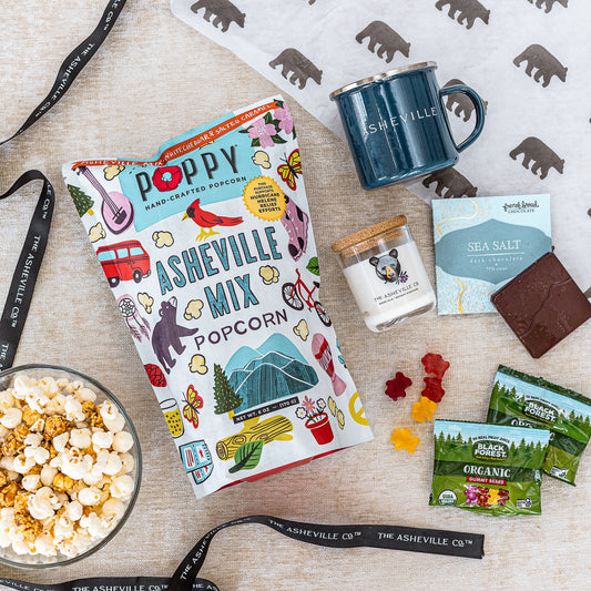 Asheville Gift Bundle Poppy Popcorn, French Broad Chocolates, The ASHEVILLE Co. Enamel Camper Mug and Candle