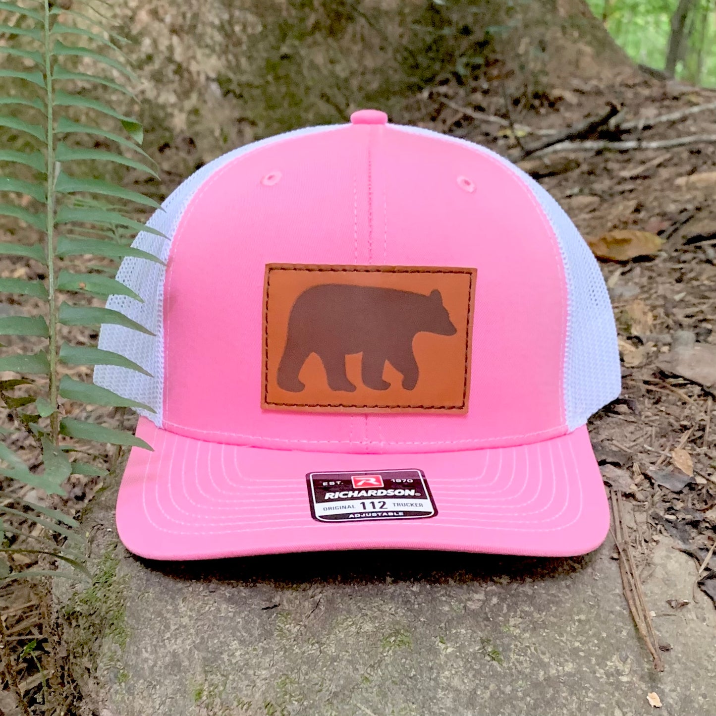 Burton's Stroll Leather Patch ASHEVILLE | Richardson 112 Trucker Hat | Hot Pink and White - The ASHEVILLE Co.™