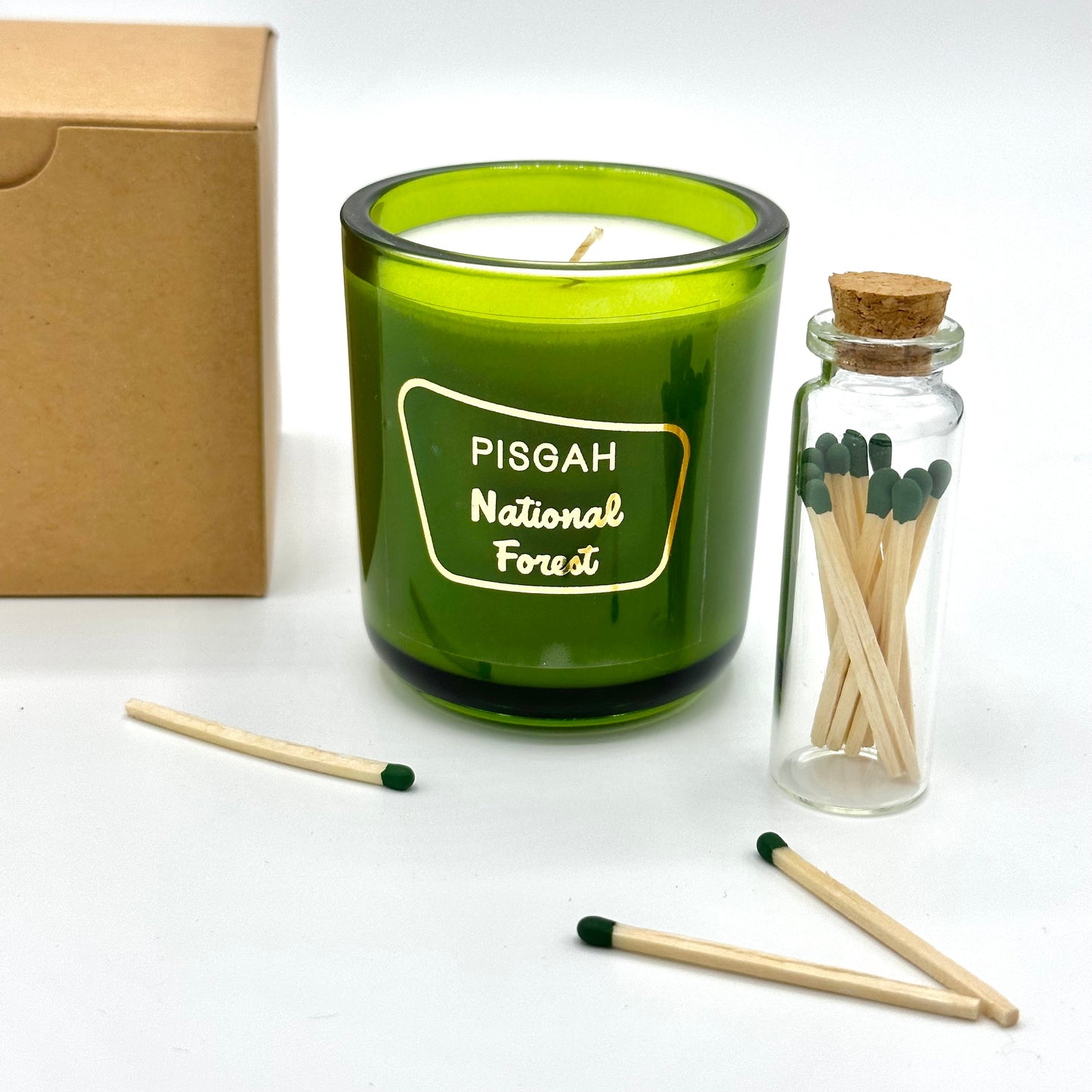 Mount Pisgah Forest Candle with Green Matches and Match Jar and Kraft Box
