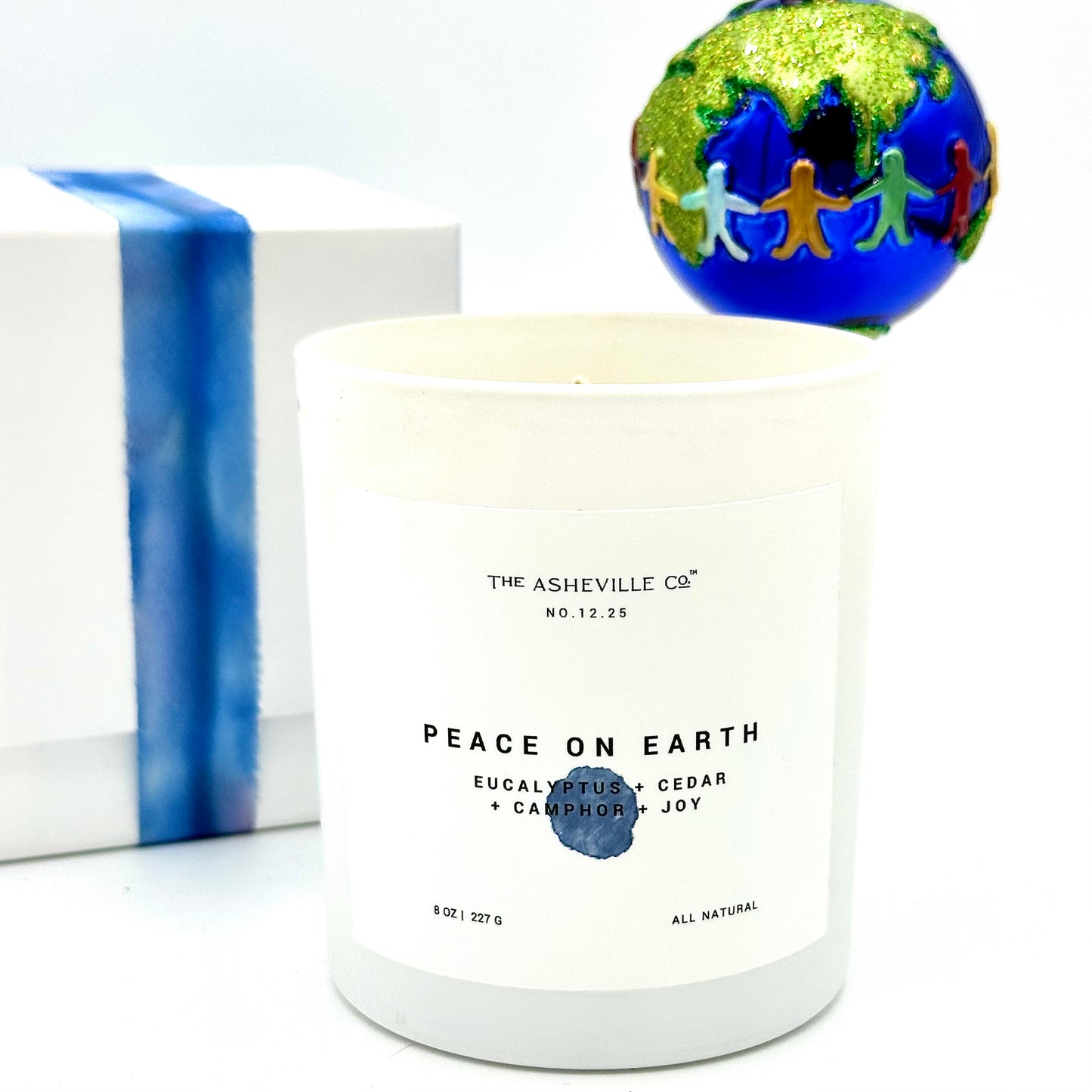 Peace on Earth Luxury Candle with gift box and ribbon with earth ornament