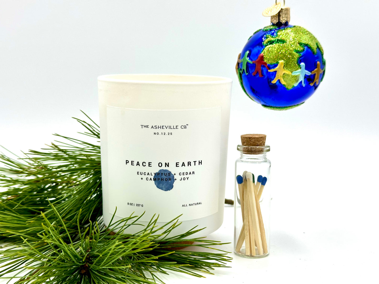 Peace on Earth Luxury Candle Earth Ornament Matches Christmas Greenery