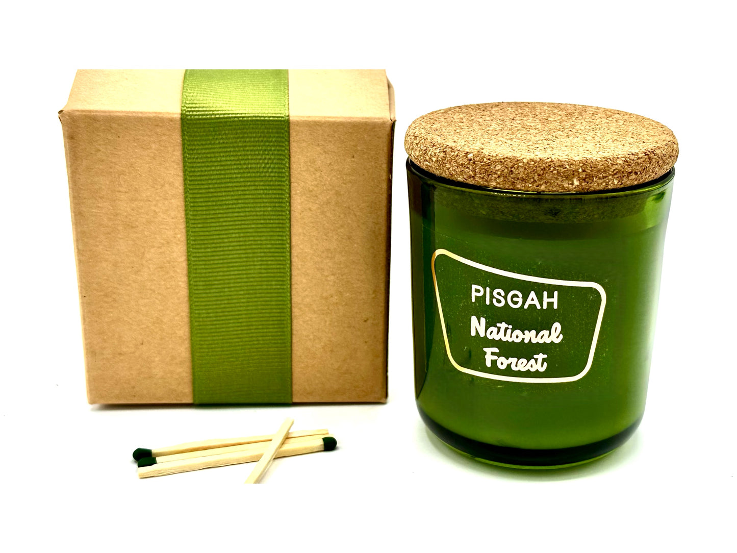 Mount Pisgah Forest Candle Kraft Box with Green Ribbon and green match sticks