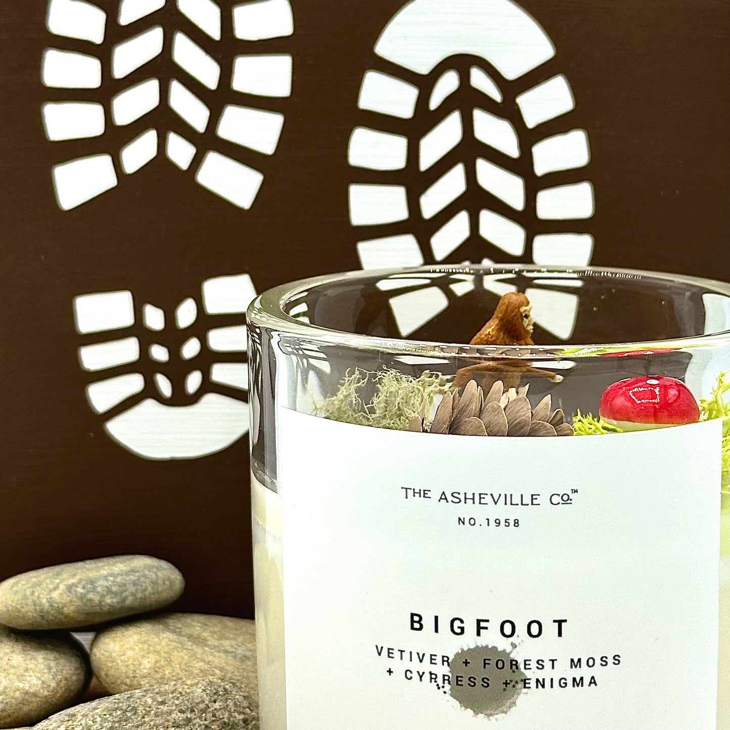 Sasquatch Candle with decorative accents Bigfoot mini figure, mushroom, pinecone, moss
