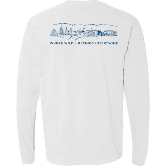 ASHEVILLE Cityscape Long Sleeved T-Shirt in White & Parkway Blue - The ASHEVILLE Co. TM