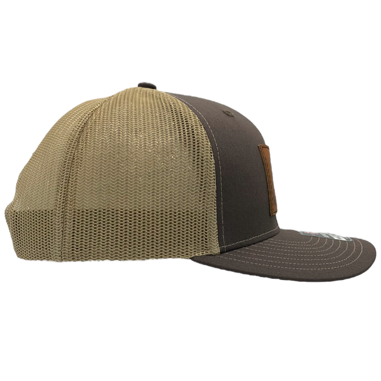 Burton (Stroll?) Leather Patch ASHEVILLE Trucker Baseball Hat?Cap Brown and Khaki - The ASHEVILLE Co. TM