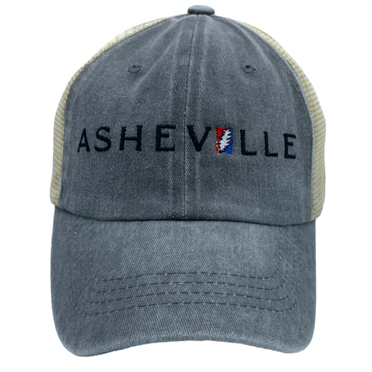 Vintage-style ASHEVILLE Trucker Baseball Hat with Grateful Dead Bolt in Space Gray - The ASHEVILLE Co. TM