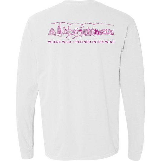 ASHEVILLE Cityscape Long Sleeved T-Shirt in White & Rhododendron Pink - The ASHEVILLE Co. TM