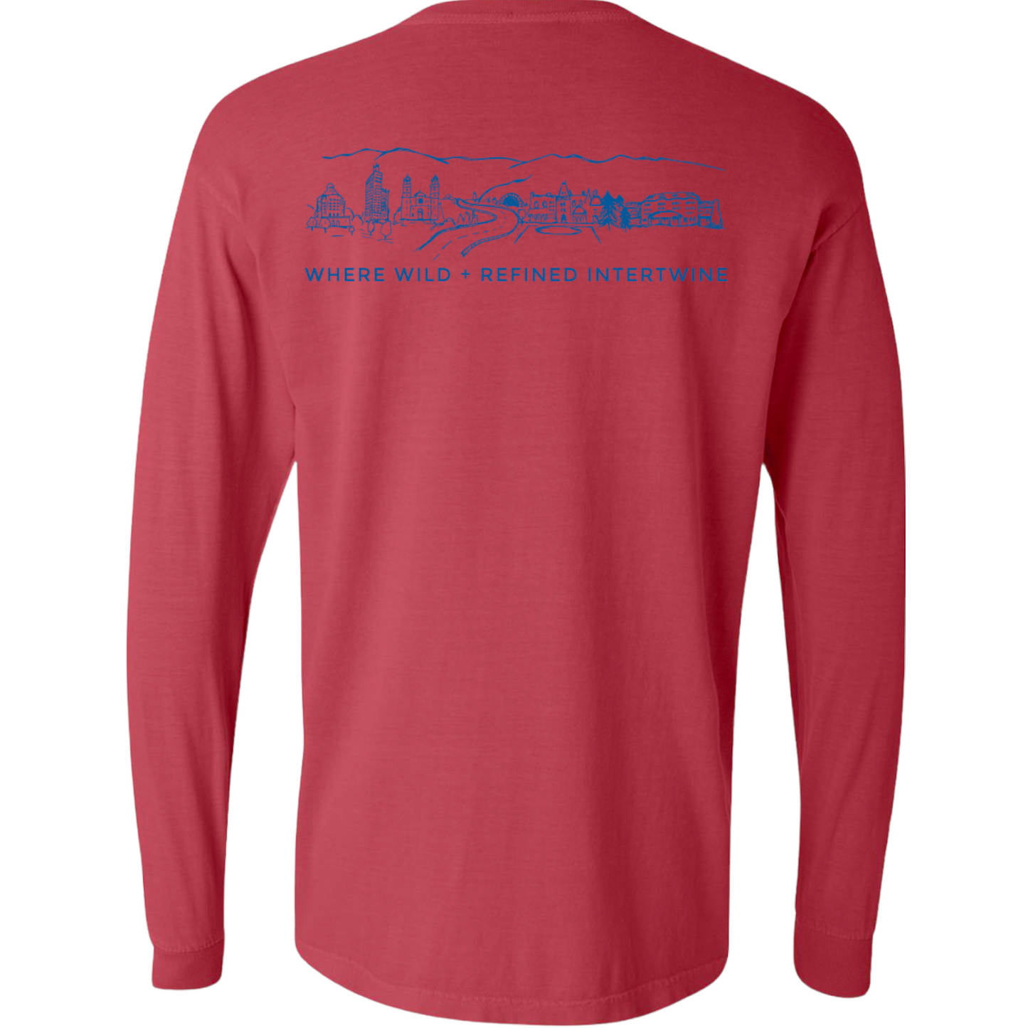 ASHEVILLE Cityscape Long Sleeved T-Shirt in Crimson Red & Parkway Blue - The ASHEVILLE Co. TM
