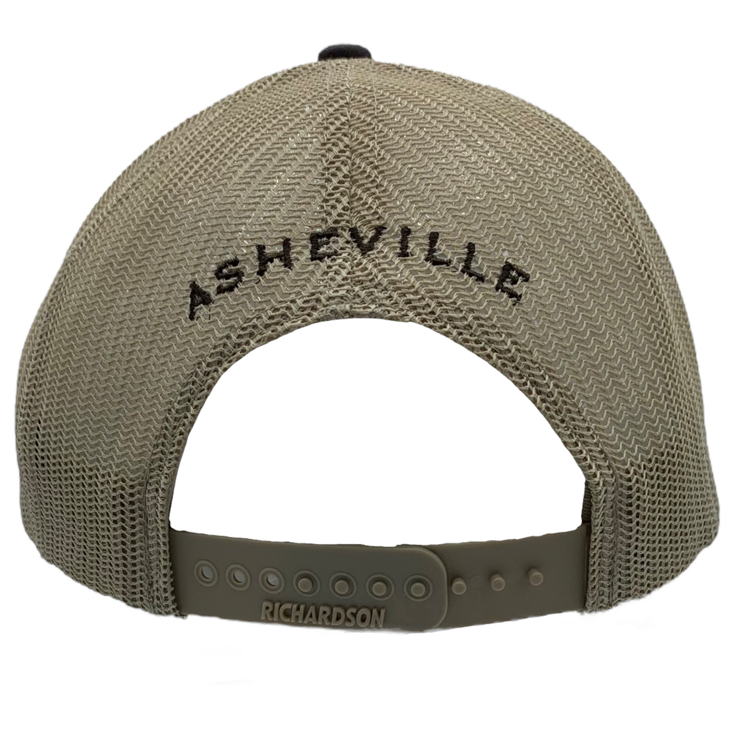 Burton (Stroll?) Leather Patch ASHEVILLE Trucker Baseball Hat?Cap Brown and Khaki - The ASHEVILLE Co. TM