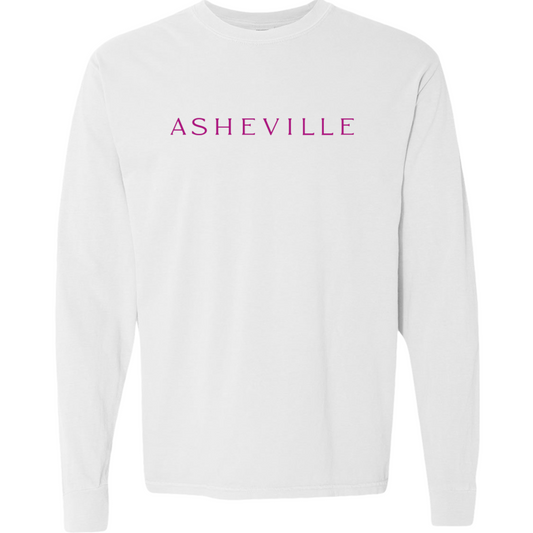 ASHEVILLE Cityscape Long Sleeved T-Shirt in White & Rhododendron Pink - The ASHEVILLE Co. TM