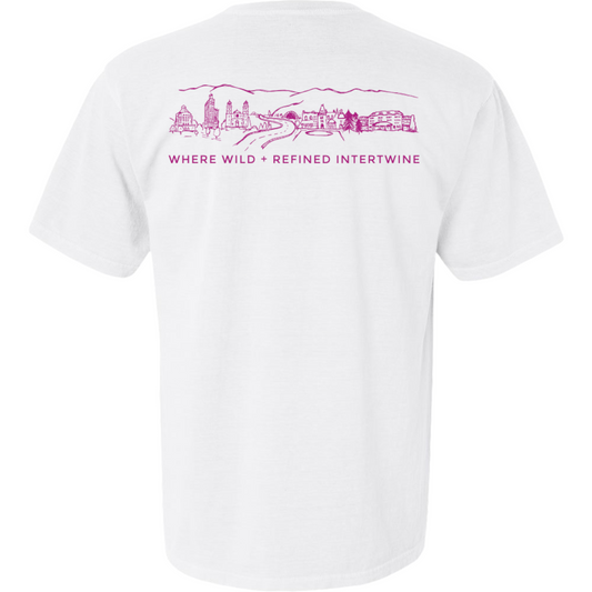 ASHEVILLE Cityscape T-Shirt White & Rhododendron Pink - The ASHEVILLE Co. TM