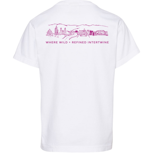 ASHEVILLE Kids Cityscape T-Shirt White & Rhododendron Pink - The ASHEVILLE Co. TM