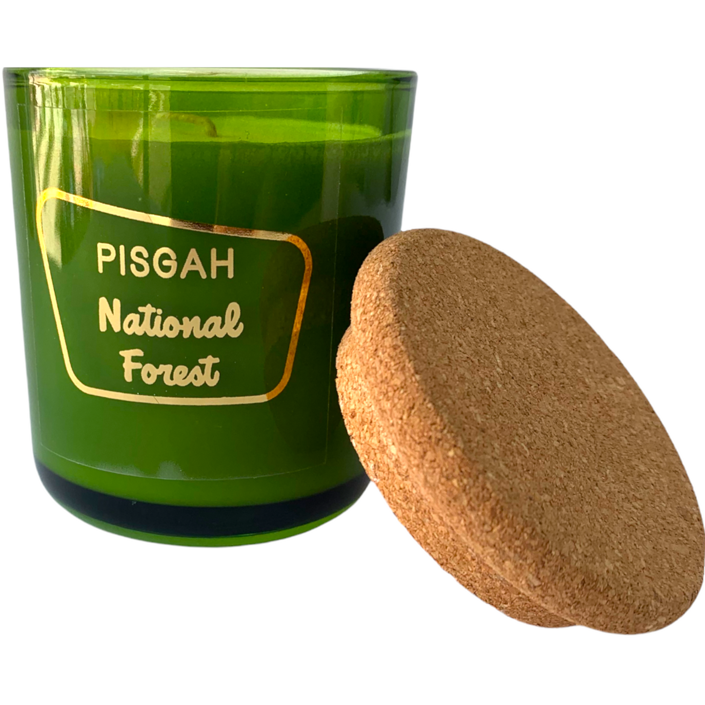Mount Pisgah Forest No. 407 Candle - The ASHEVILLE Co. TM Green Vessel with Gold Leaf and Cork Lid