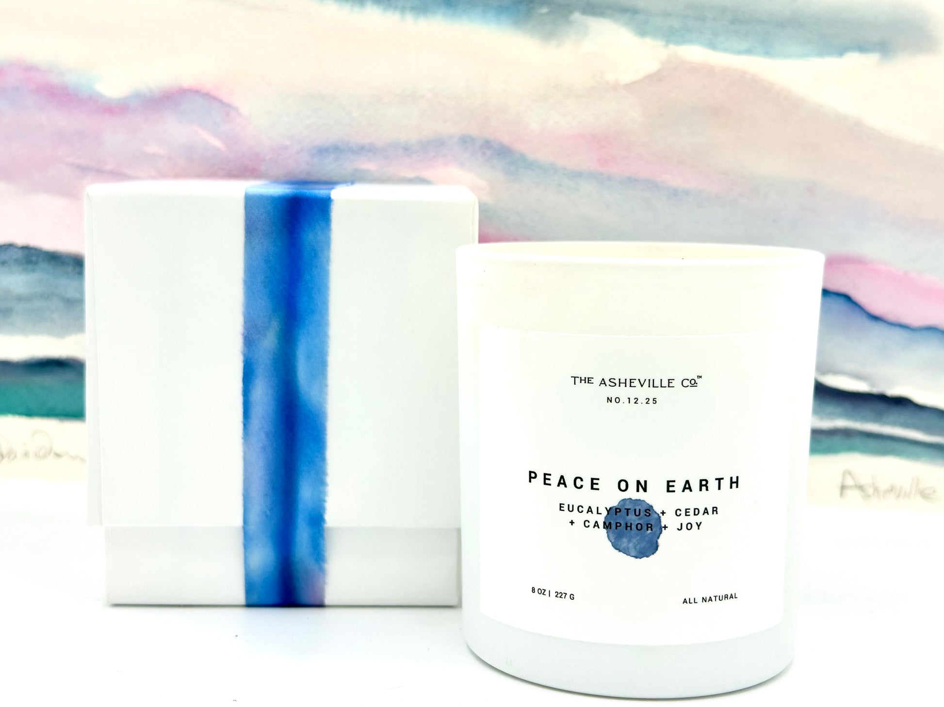 Peace on Earth Luxury Candle by The ASHEVILLE Co. with Gift box and blue silk ribbon